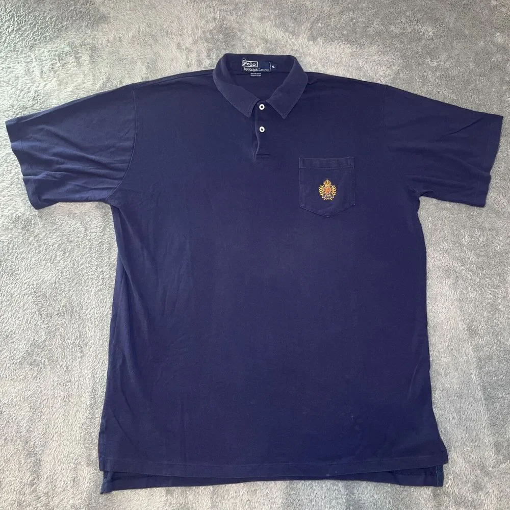 VTG Polo By Ralph Lauren Mens SZ XL Navy Blue Short Sleeve Crest Embroidered